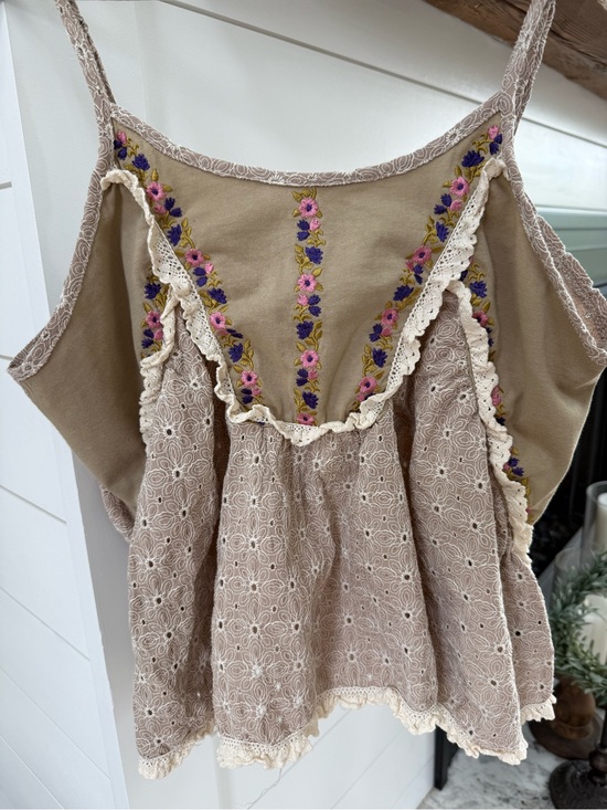 POL Tops - POL Embroidered Floral Camisole in Taupe with Pink & Purple Accents